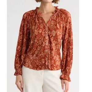 Chenault NWT Rust Floral Blouse VNeck Ruffle Collar Button Front Med Puff Sleeve